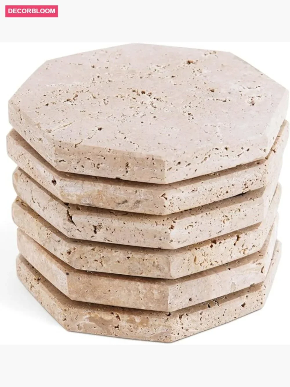 Set of 6 Travertine Marble Drink Coasters Octagon Shape with Felt Bottom